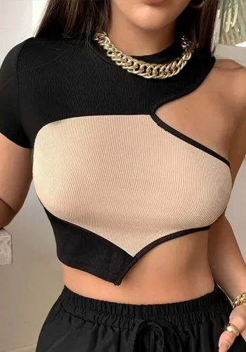 Contrast Color One Shoulder Sexy Short Sleeve Top Women Summer Ribbed Slim Fit Crop T-Shirt