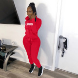 Custom Logo Women's Customized Printing Fashion Casual Sport Solid Zipper Hooded Tracksuit Two-Piece Pants Set