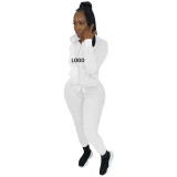 Custom Logo Women's Customized Printing Fashion Casual Sport Solid Zipper Hooded Tracksuit Two-Piece Pants Set