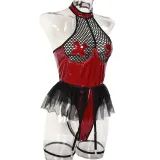 Sexy pu patent leather Halter Neck underwear mesh tutu teddy lingerie