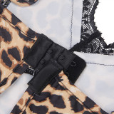 Pijama sexy de talla grande, camisón con tirantes y estampado de leopardo de encaje sexy