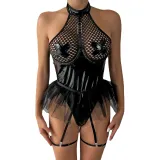 Sexy pu patent leather Halter Neck underwear mesh tutu teddy lingerie