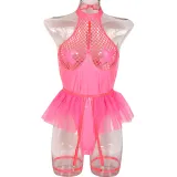 Sexy pu patent leather Halter Neck underwear mesh tutu teddy lingerie