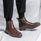 Artı Boyutu Perçin Yüksek Üst Kısa Çizmeler İngiliz Tarzı Chelsea Çizmeler erkek Ayakkabıları Kış Retro Deri Ayakkabı Martin Çizmeler Erkekler