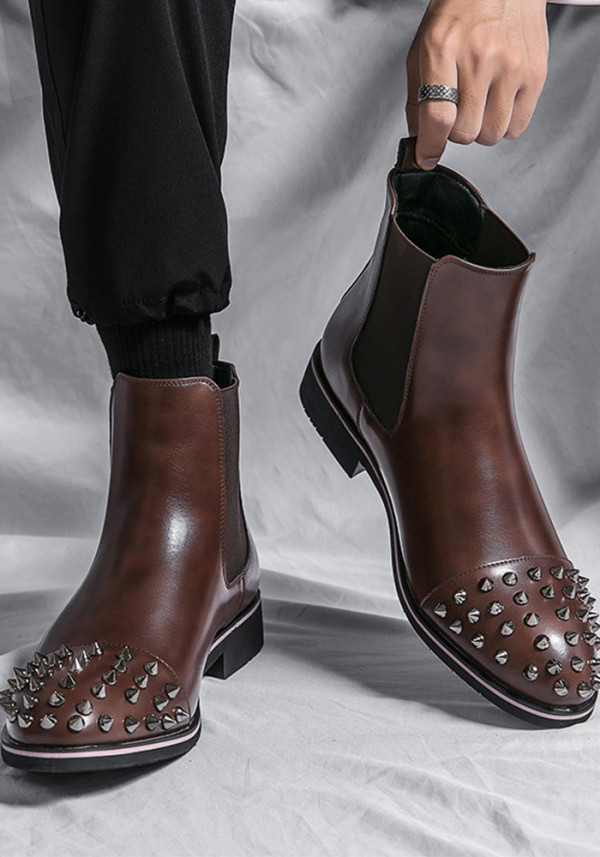 Artı Boyutu Perçin Yüksek Üst Kısa Çizmeler İngiliz Tarzı Chelsea Çizmeler erkek Ayakkabıları Kış Retro Deri Ayakkabı Martin Çizmeler Erkekler