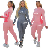 Custom Logo Women's Customized Printing Fashion Colorblock Sports Slim Two-Piece Pants Set