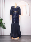 Africa Plus Size Women's Round Neck Beaded Sequined Formal Party Evening Dress