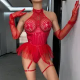 Sexy pu patent leather Halter Neck underwear mesh tutu teddy lingerie