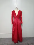 Feminine Long-Sleeved Sequin V-Neck Swing Sequin Slit Long Evening Dress