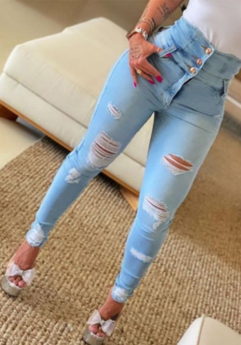 Fall hoge taille slim fit denim broek dames gescheurde strakke jeans