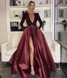 Feminine Long-Sleeved Sequin V-Neck Swing Sequin Slit Long Evening Dress