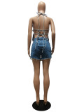 Women's Summer Denim Beaded Butterfly Lace-Up Tank Top Shorts Irregular Two Piece Set