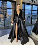 Feminine Long-Sleeved Sequin V-Neck Swing Sequin Slit Long Evening Dress