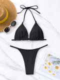 Bikini Solid Ribbed Lace Up Sexy Low Back Two Pieces Swimsuit