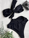 Feminine Solid Color Knotted One Shoulder One Piece Swimsuit
