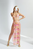 Traje de baño de playa de vacaciones de tres piezas de moda con falda para cubrir bikini de dos piezas con estampado de mujer