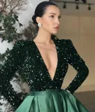 Feminine Long-Sleeved Sequin V-Neck Swing Sequin Slit Long Evening Dress