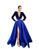 Feminine Long-Sleeved Sequin V-Neck Swing Sequin Slit Long Evening Dress