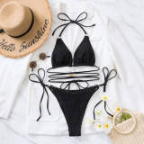 Bikini Solid Color Lace Up Sexy Low Back Two Pieces Swimsuit Women