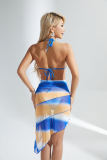 Bikini de dos piezas con estampado de rayas y cuello halter para mujer, falda de playa, traje de baño de tres piezas a la moda