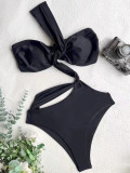 Feminine Solid Color Knotted One Shoulder One Piece Swimsuit