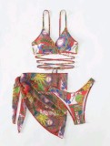 Estampado de moda Dos piezas con cordones Bikini Traje de baño Cubrir falda Traje de baño de tres piezas para mujer