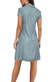 Damen Turndown-Kragen, Kurzarm, geknöpft, Schlitztasche, Plus Size, lässiges Denim-Kleid