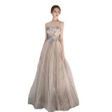 Elegant Strapless Long Slim Fit Bridesmaid Beaded Formal Party Evening Dress For Women