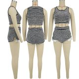 Ladies Stripe Sexy Fashion Casual Crop Tank Top Shorts Conjunto de dos piezas