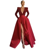 Feminine Long-Sleeved Sequin V-Neck Swing Sequin Slit Long Evening Dress