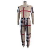 Conjunto de pantalones de dos piezas de manga corta con estampado a cuadros para mujer informal de primavera y verano