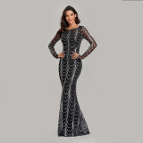 Spring Summer Fit Formal Party Mermaid Dress Elegant Party Sequin Long Sleeve Round Neck Evening Dress
