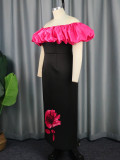 Vestido maxi floral ajustado con cintura alta y hombros descubiertos con bloque de color