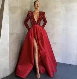 Feminine Long-Sleeved Sequin V-Neck Swing Sequin Slit Long Evening Dress