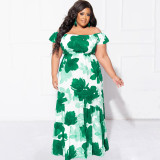 Plus Size Dress Off Shoulder Digital Print Maxi Dress