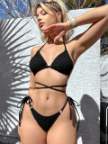 Bikini Solid Color Lace Up Sexy Low Back Two Pieces Swimsuit Women
