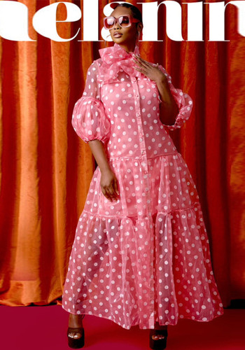 Polka Dot-jurk voor dames, korte mouw, hoge taille, lange jurk met knopen