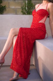 Ropa de mujer Correas sexy Hendidura Dama de honor Vestido de noche con cordones rojos