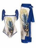 Bedruckter Chiffon-Sonnenschutz, langer Rock, einteiliger Badeanzug, zweiteilige Badebekleidung