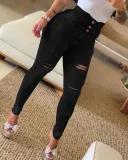 Fall High Waist Slim Fit Denim Pants Women's Ripped Tight Jeans