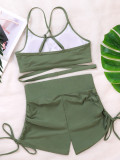 Army Green Cross High Waist Knee-Length Shorts Sexy Two Piece Swimsuit