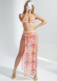 Traje de baño de playa de vacaciones de tres piezas de moda con falda para cubrir bikini de dos piezas con estampado de mujer