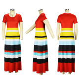 Women Short Sleeve Striped Printed Long Dress