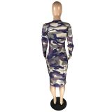 Plus Size Women Camouflage Round Neck Long Sleeve Dress