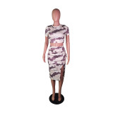 Women Casual Top and Slit Camouflage Print Pocket Two-Piece Set