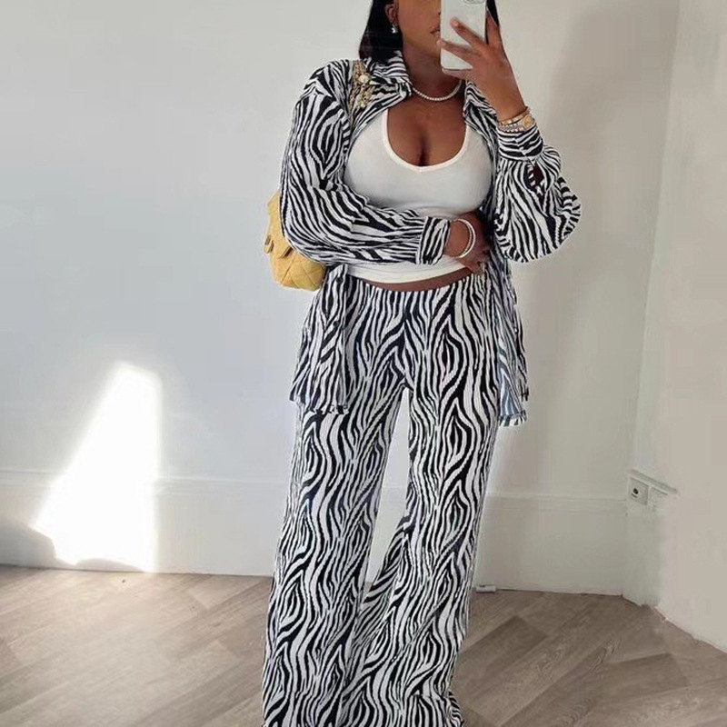 Women Long Sleeve Pleated Zebra Print Shirt and Wide Pants Casual Two-Piece  Set - The Little Connection