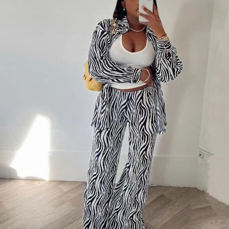 Women Long Sleeve Pleated Zebra Print Shirt and Wide Pants Casual