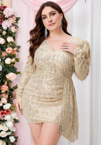 Plus Size Women Long Sleeve V Neck Tassel Sequin Sexy Prom Party Dress