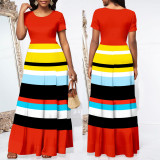 Women Short Sleeve Striped Printed Long Dress