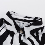 Women Chic Black and White Stripe Turndown Collar Print Long Sleeve Shirt and Baggy Pants Two-Piece Set